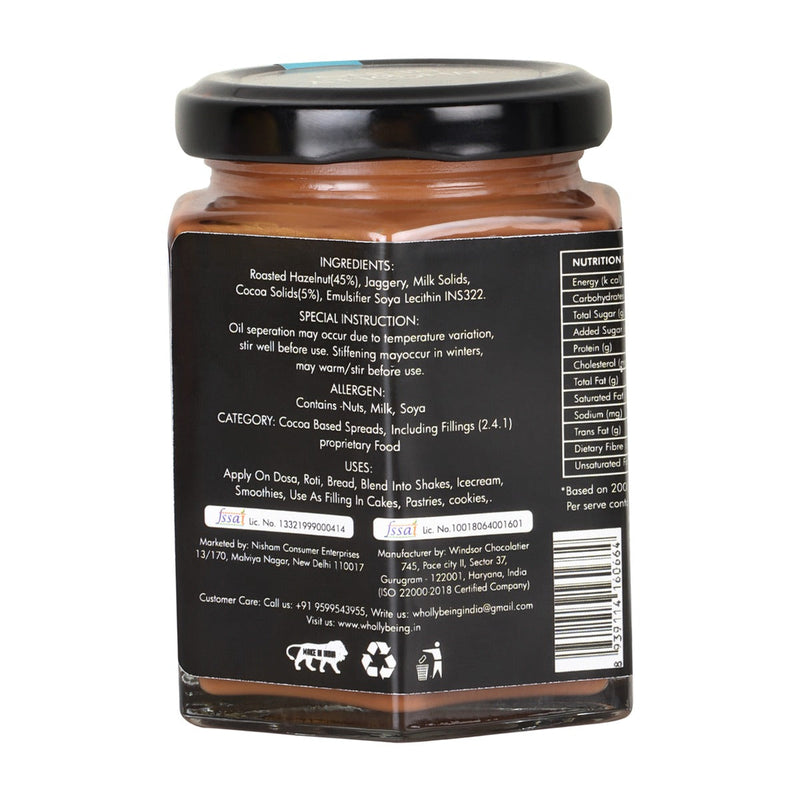 Hazelnut Cocoa Spread(200 Grams) with Jaggery (45% Nuts) No Added Oil, No preservatives , Trans Fat Free, High in Protein & Iron