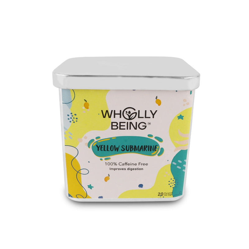 Wholly Being Yellow Submarine Tea(caffeine free) for kids for better digestion with Freeze dried Alphonso Mango, Freeze dried Blueberry, Fennel, Cinnamon, Ajwain, Ginger (20 tea bags)