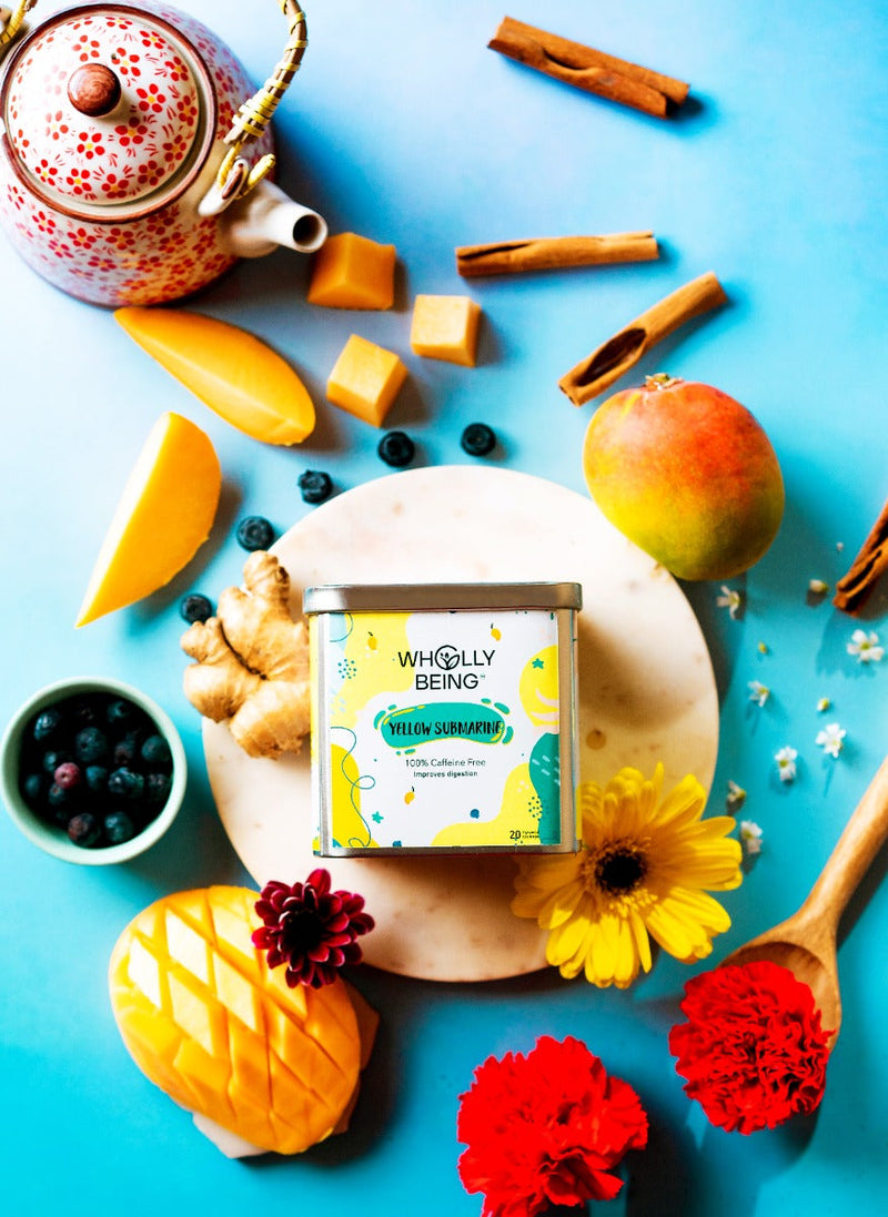 Wholly Being Yellow Submarine Tea(caffeine free) for kids for better digestion with Freeze dried Alphonso Mango, Freeze dried Blueberry, Fennel, Cinnamon, Ajwain, Ginger (20 tea bags)