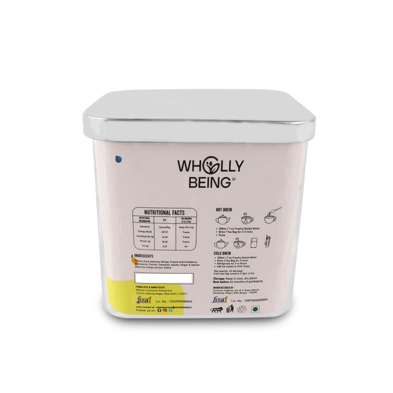 Wholly Being Yellow Submarine Tea(caffeine free) for kids for better digestion with Freeze dried Alphonso Mango, Freeze dried Blueberry, Fennel, Cinnamon, Ajwain, Ginger (20 tea bags)