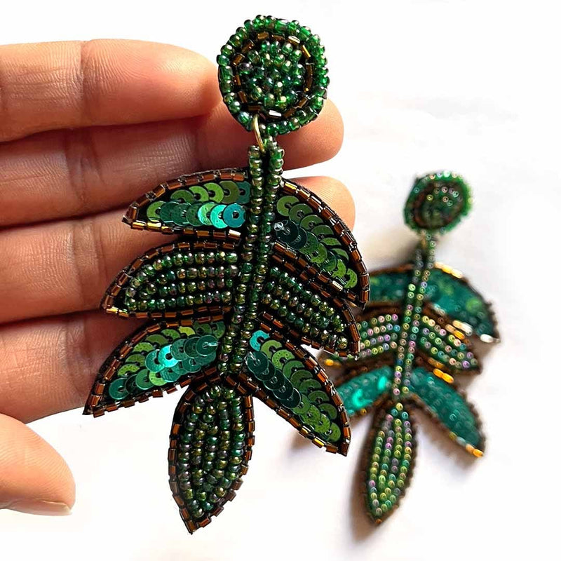 Handmade beaded Leaf Earrings-Green