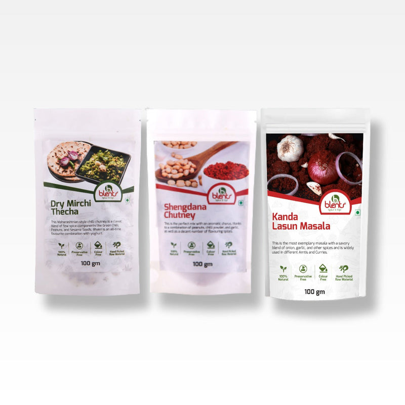 Natural Kanda Lasun Masala 200 gm, Shengdana Chutney 100 gm & Dry Mirchi Thecha Powder 100 gm (Combo Pack of 3)