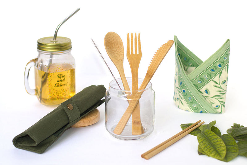 Bamboo Cutlery Set with Pouch (Green)