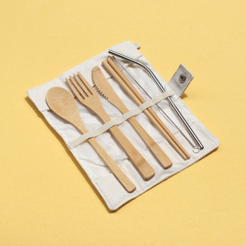 Bamboo Cutlery Set with Pouch (White)