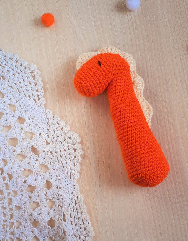 Handcrafted Amigurumi Dinoworm Rattle  Sunset Orange