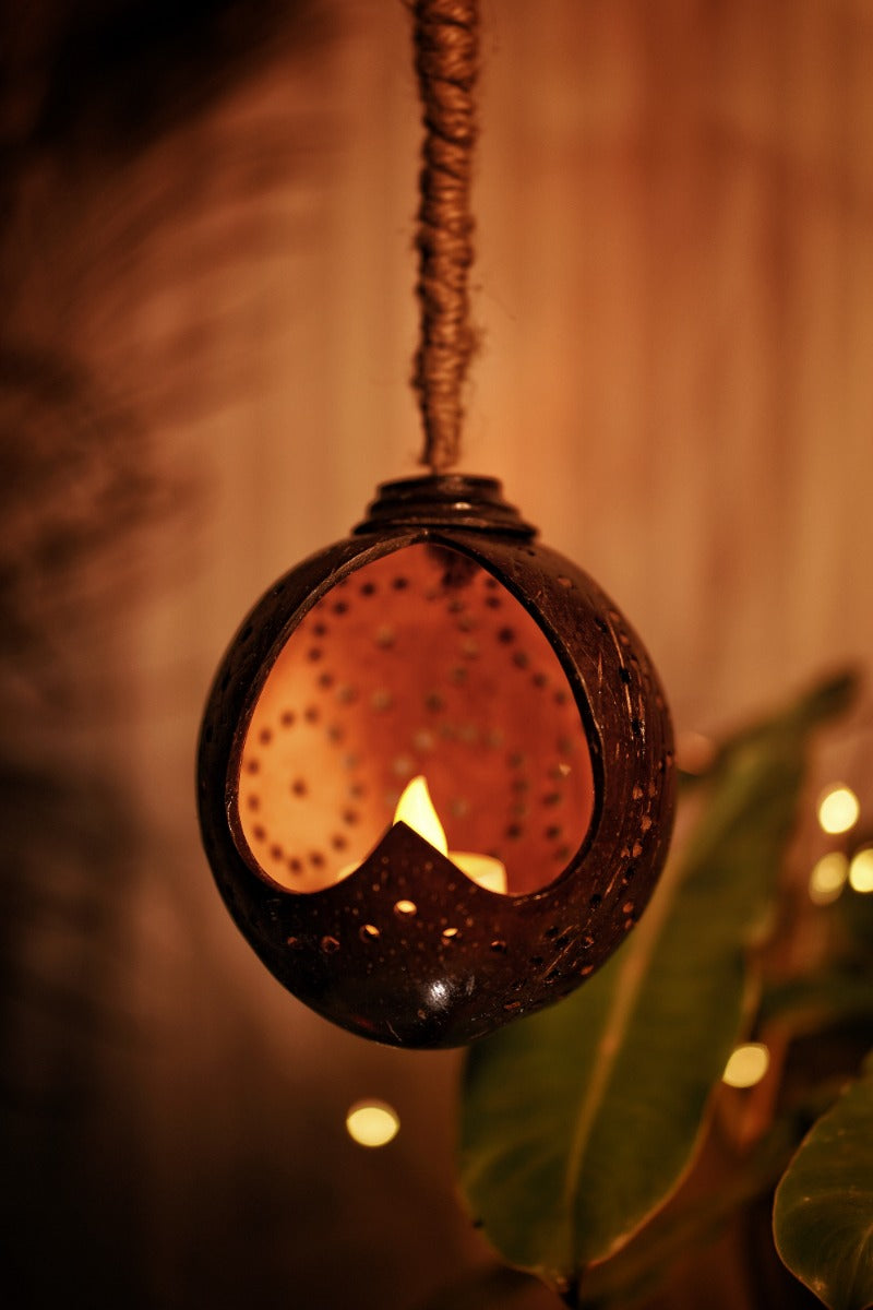 Upcycled discarded Coconut Shell  Siva Hanging Lantern/Light (hanging votive holder)